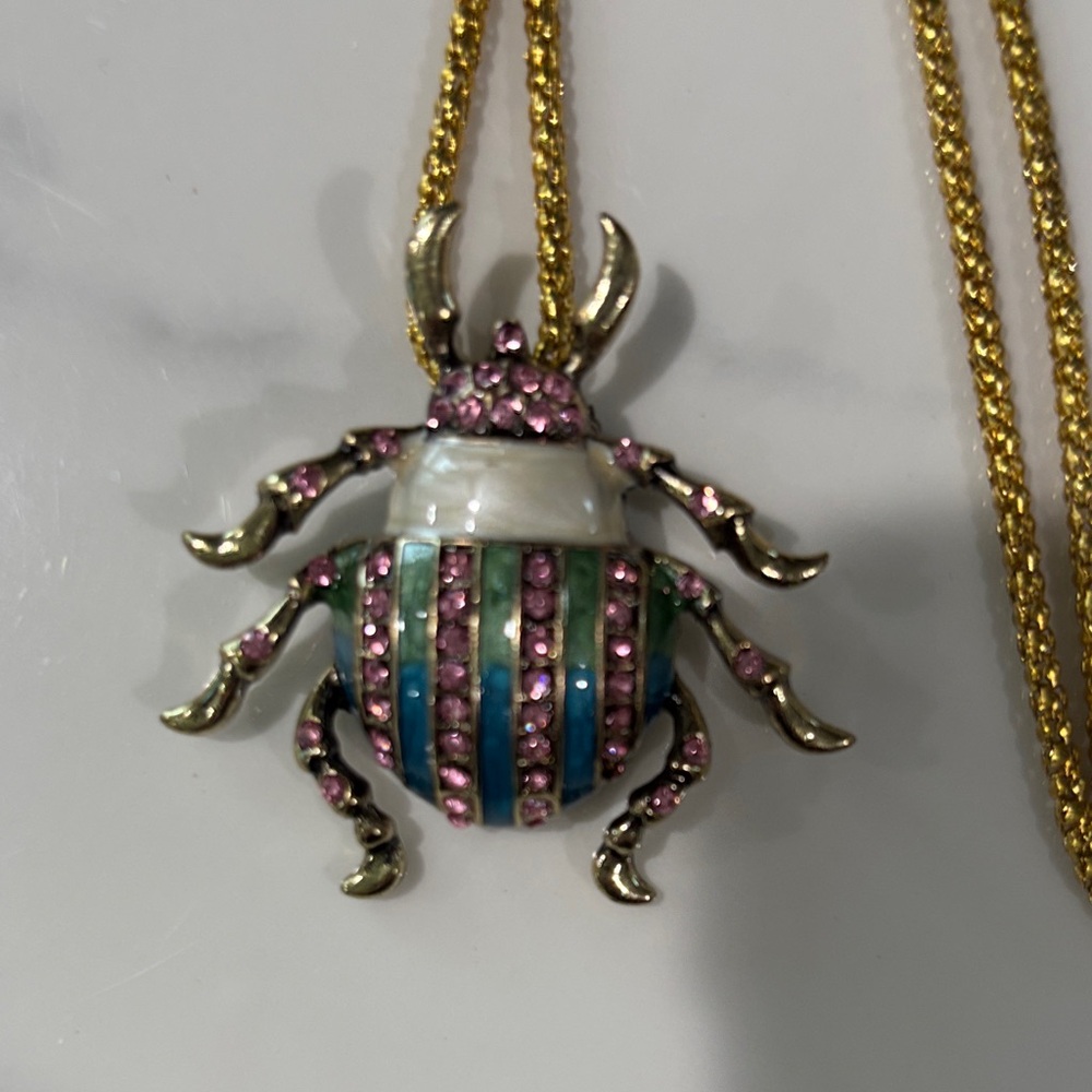 Colorful Beetle Pendant Necklace with Gold Chain